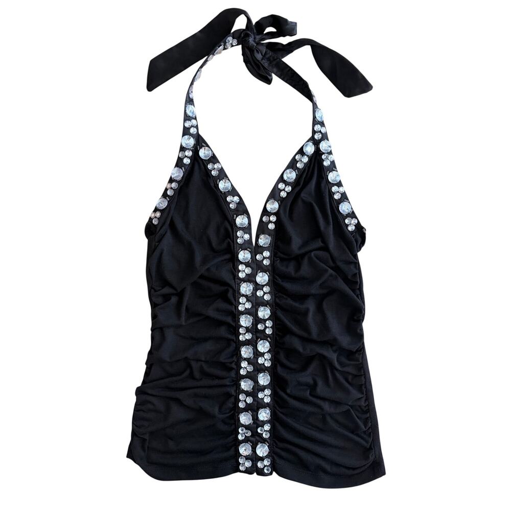 vintage y2k body central black ruched halter top with rhinestone trim